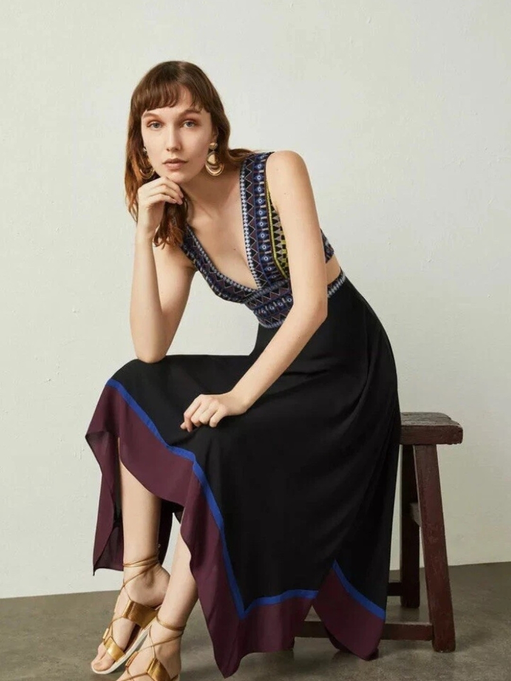BCBGMaxAzria Black Maxi Dress with Navy & Plum Trim